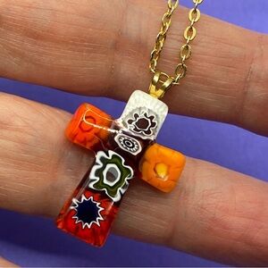 Art Glass Millefiori Christian Cross Pendant Necklace on Vintage Gold To…